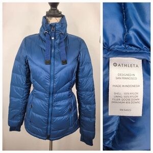 Athleta Down Jacket 2XS Banner Peak Puffer Goose Down Thumbholes Blue 350857-10